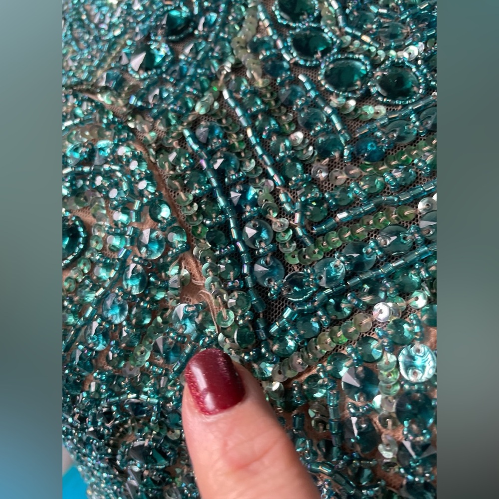 Sherri Hill Teal Beaded & Chiffon Open Back Short Prom Dress, Size 8, Dance - Picture 6 of 12